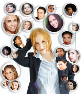 illustration of happy young businesswoman with her social network of friends and clients on white background